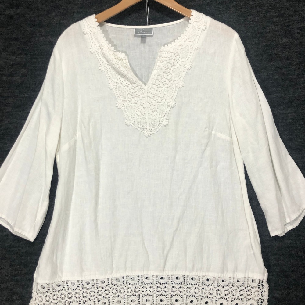 JM Collection Linen Tunic Top Crochet Trim V Neck 3/4 Sleeve White Women's L